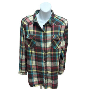 Bit & Bridle Womens Western Shirt Size XL Flannel Pearl Snap Plaid Long Sleeve